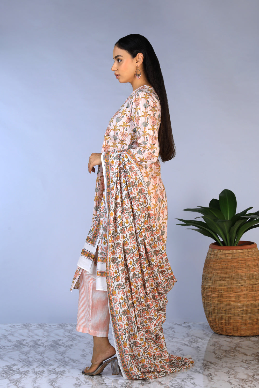 Handblock printed kurti ,pants and dupatta set