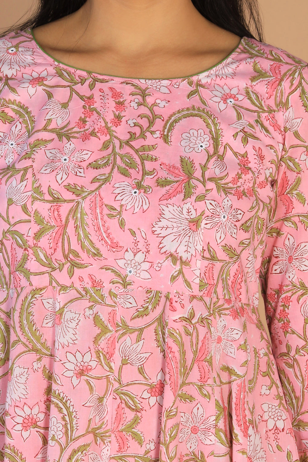 Block printed Rose pink  mirror embroidered Anarkali
