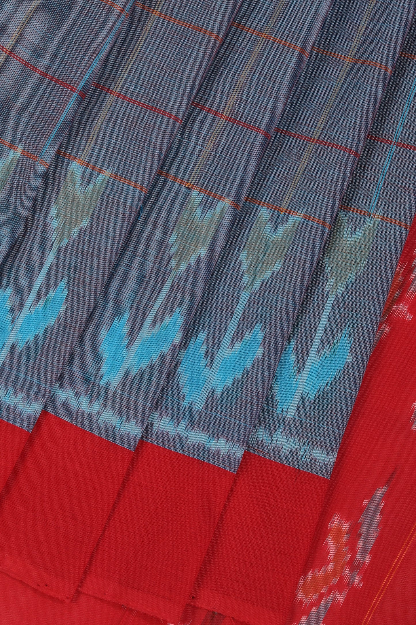 Stone blue checkered pattern Pochampally cotton ikat Saree