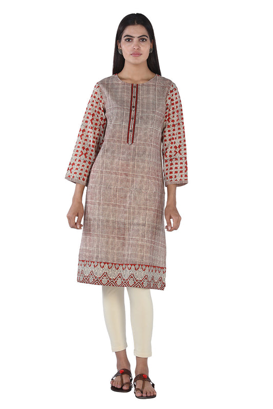 Beige and red hand block printed cotton kurti