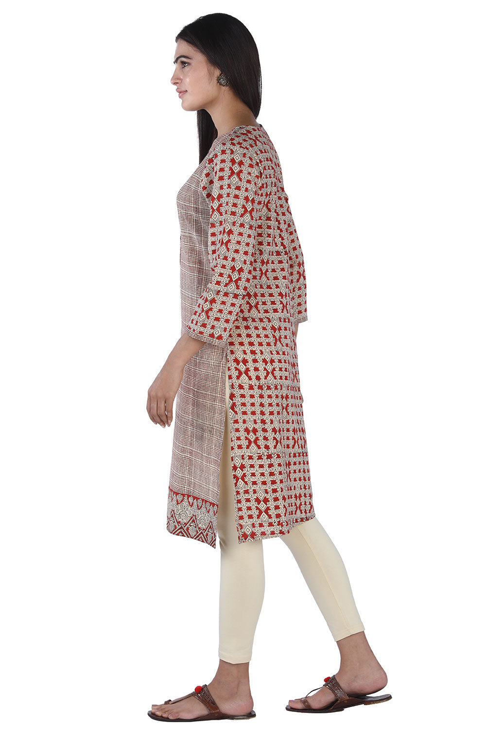 Beige and red hand block printed cotton kurti