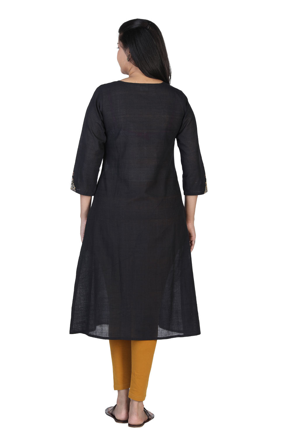 Black mangalgiri cotton kurti with kalamkari print and ethnic thread embroidery.