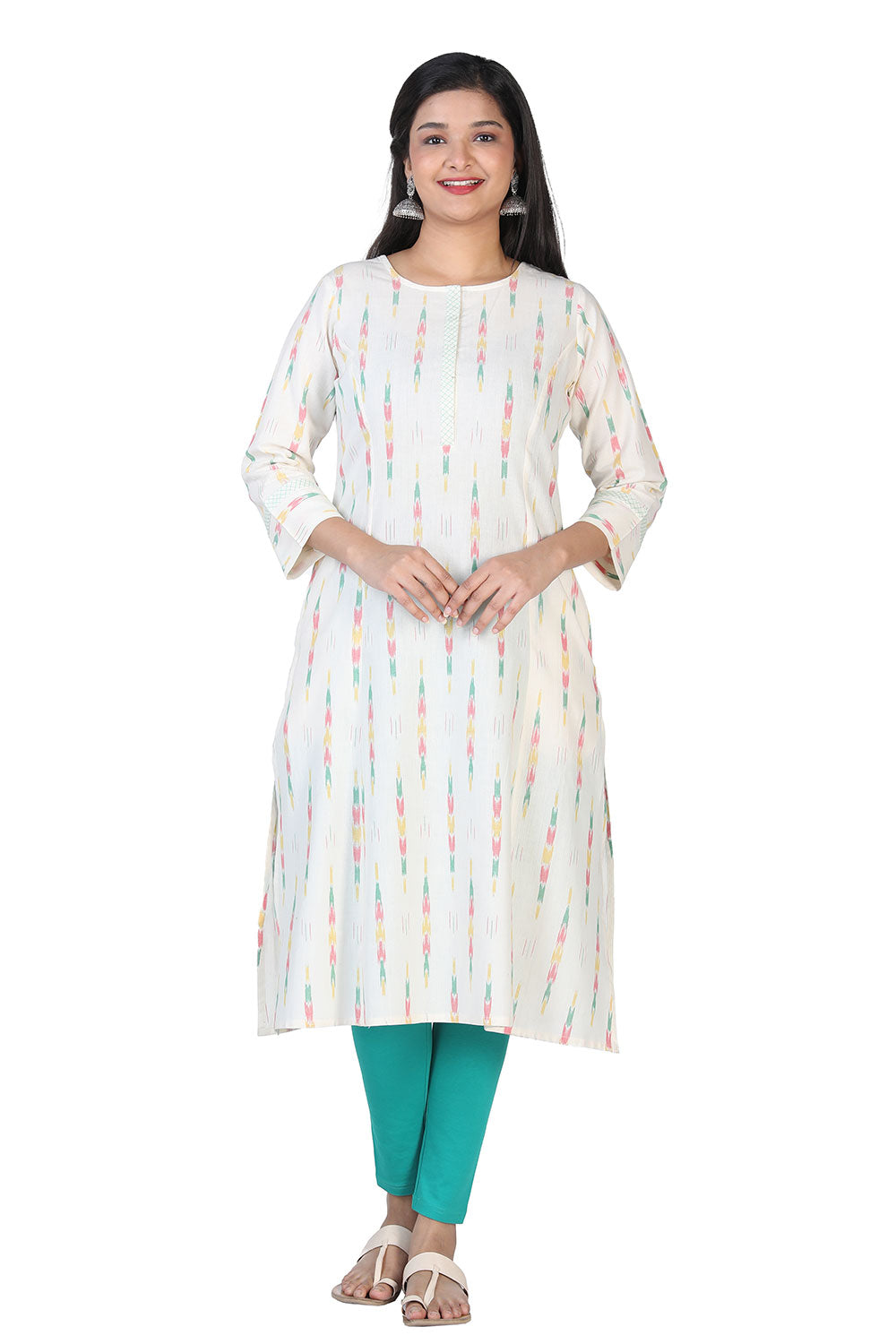 Off white with multi colour handwoven cotton ikkat kurti