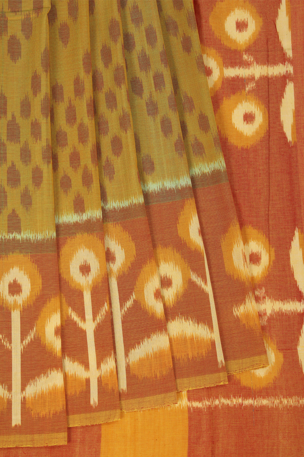 Olive green red zigzag pattern Pochampally cotton ikat Saree