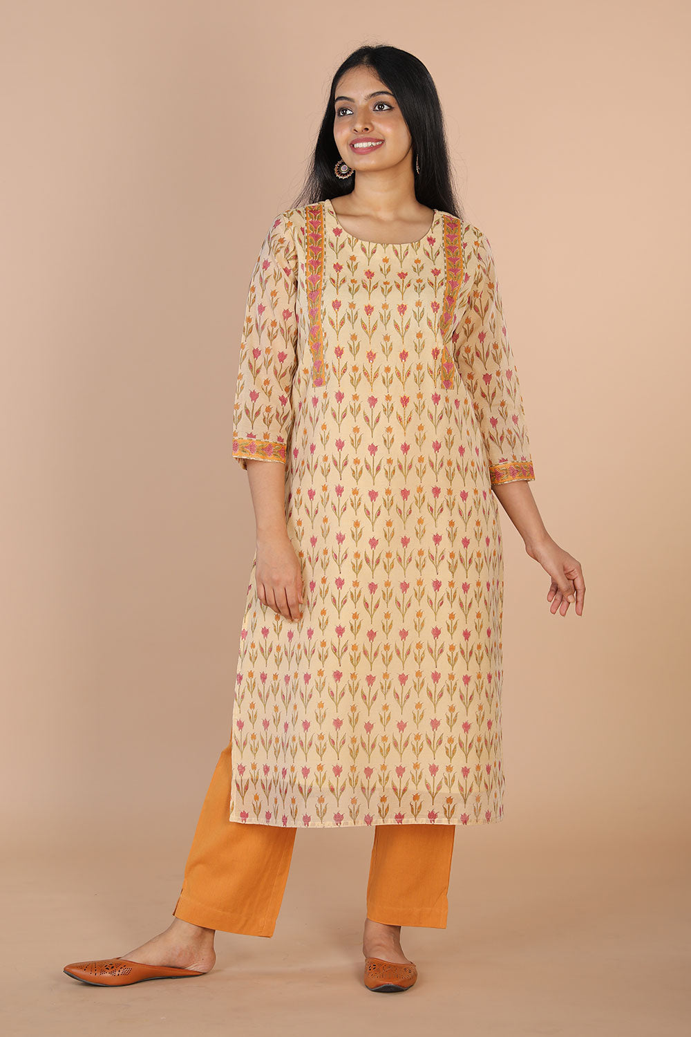 Hand block printed chanderi kurti with Kantha embroidery and border detailing.