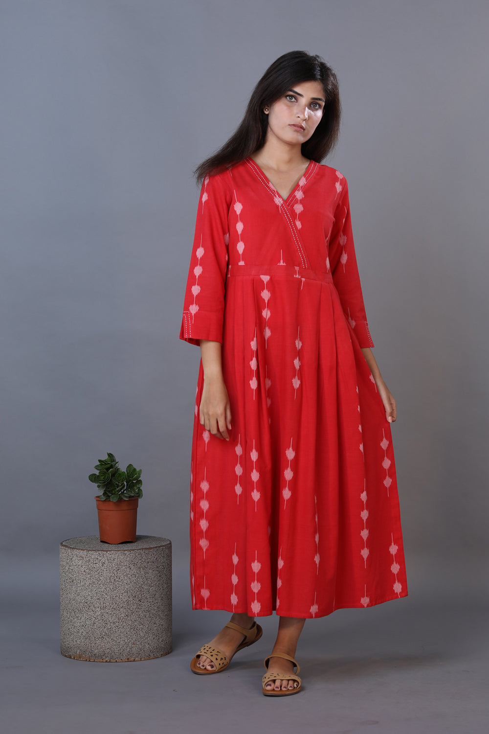 Crimson red handwoven cotton Ikat dress