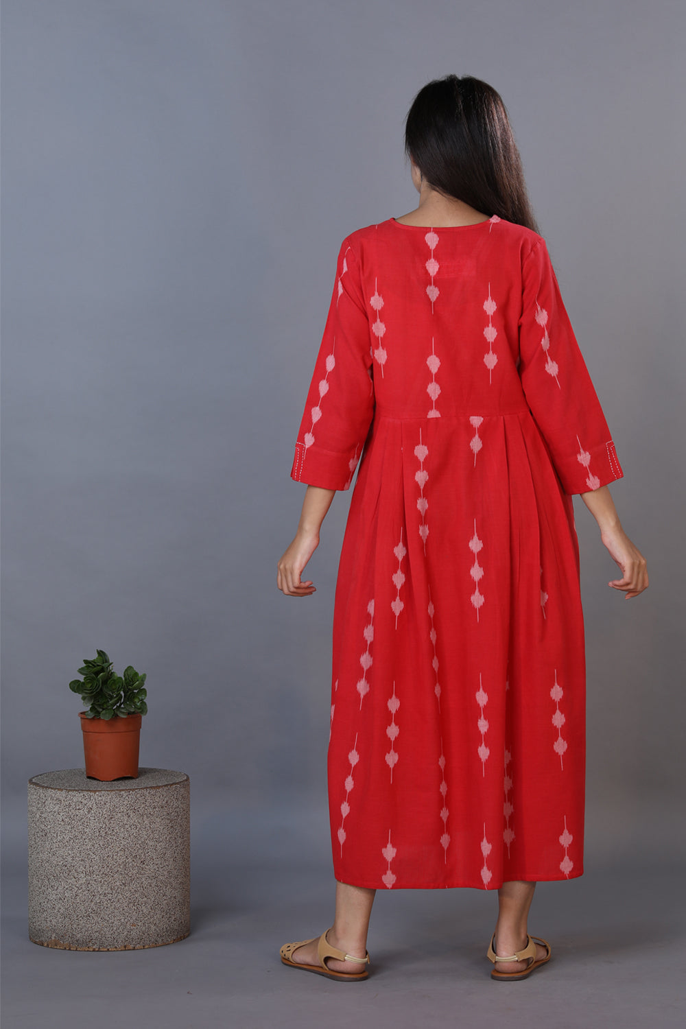 Crimson red handwoven cotton Ikat dress