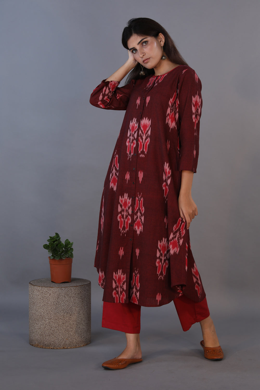 Mahogany maroon handwoven cotton Ikat long kurta and pant set