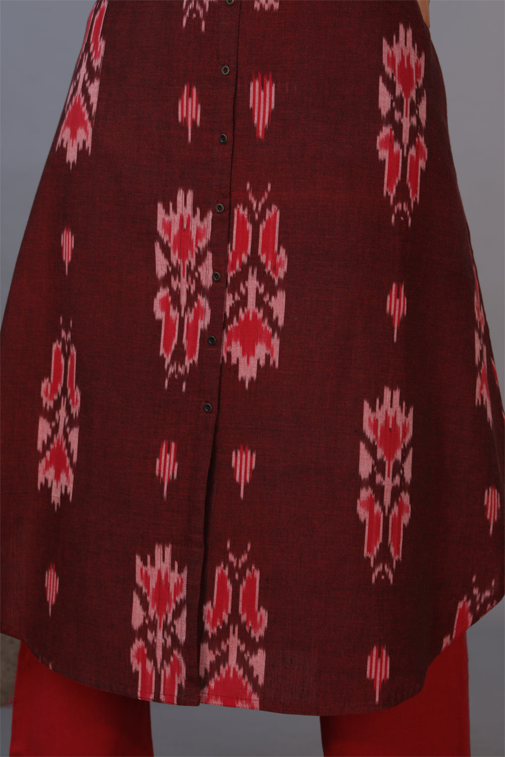 Mahogany maroon handwoven cotton Ikat long kurta and pant set