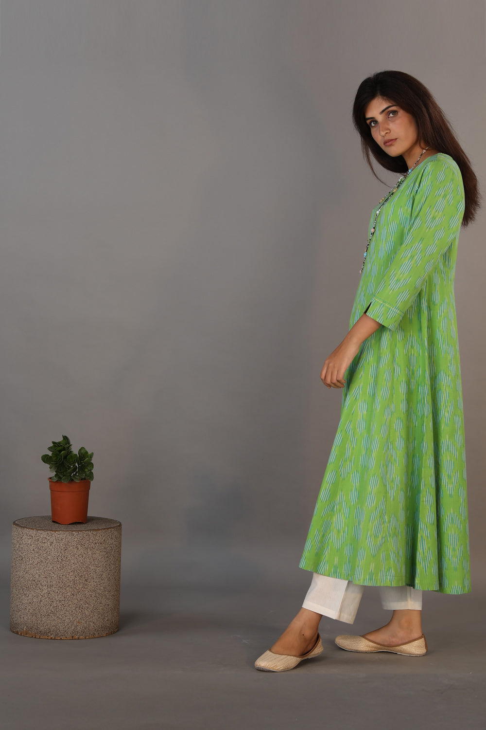 Basil green hand woven cotton Ikat dress