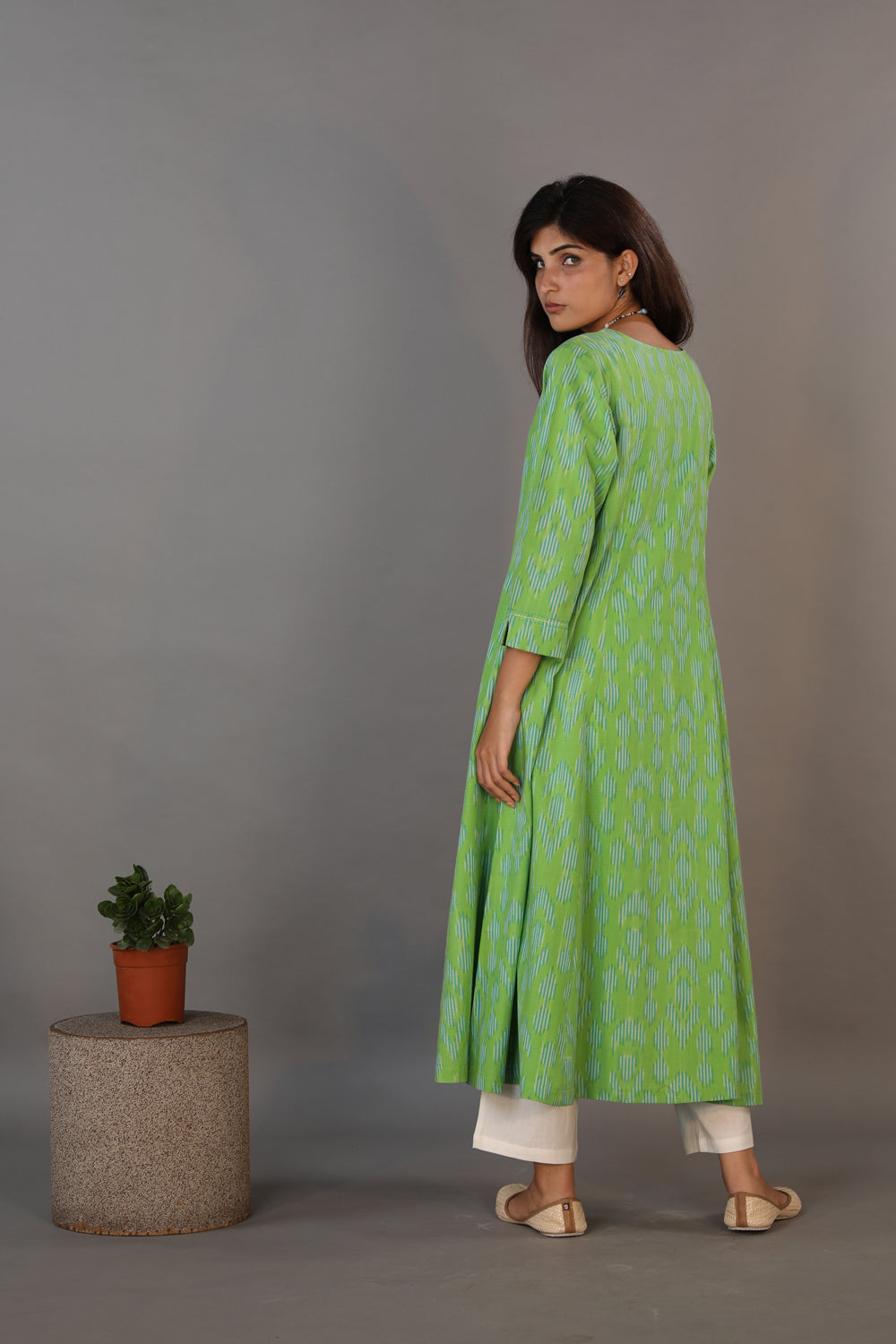 Basil green hand woven cotton Ikat dress