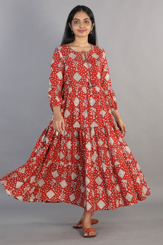 Floral hand block printed Bagru cotton tiered dress.