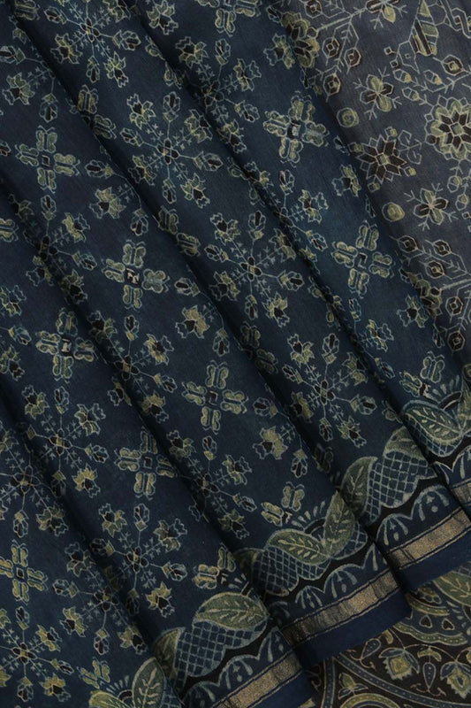 Indigo blue Ajrakh handblockprinted Chanderi saree