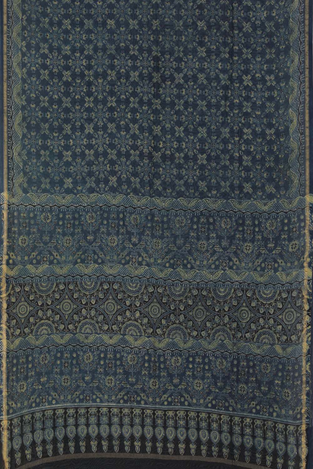Indigo blue Ajrakh handblockprinted Chanderi saree