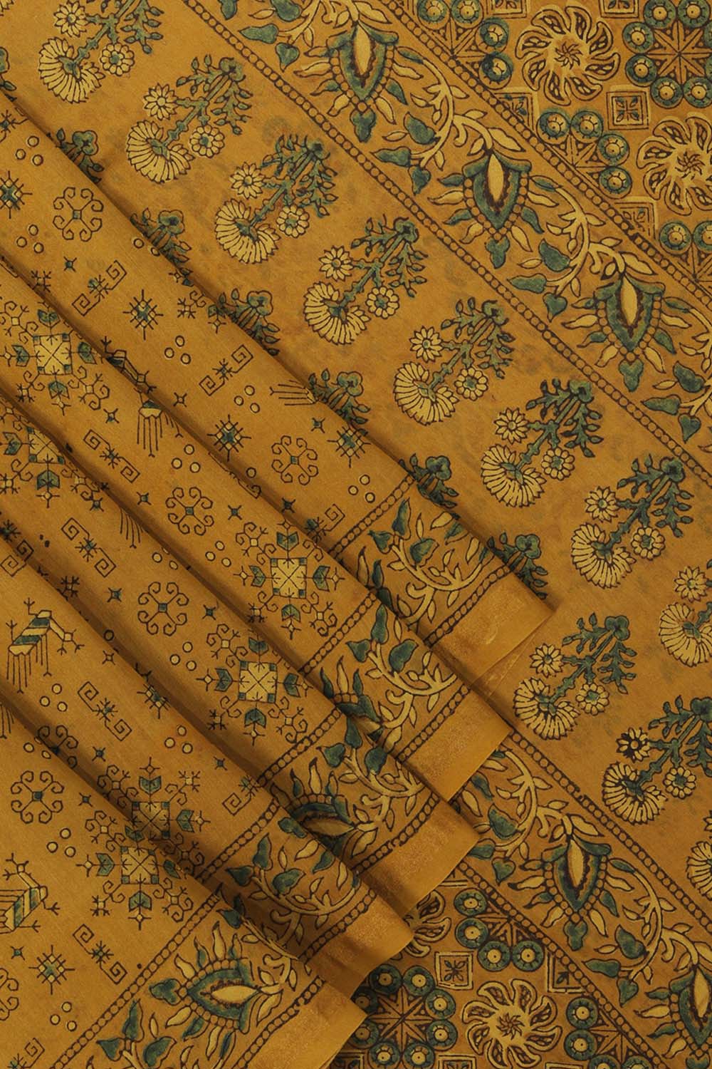 Turmeric yellow Ajrakh handblockprinted Chanderi saree