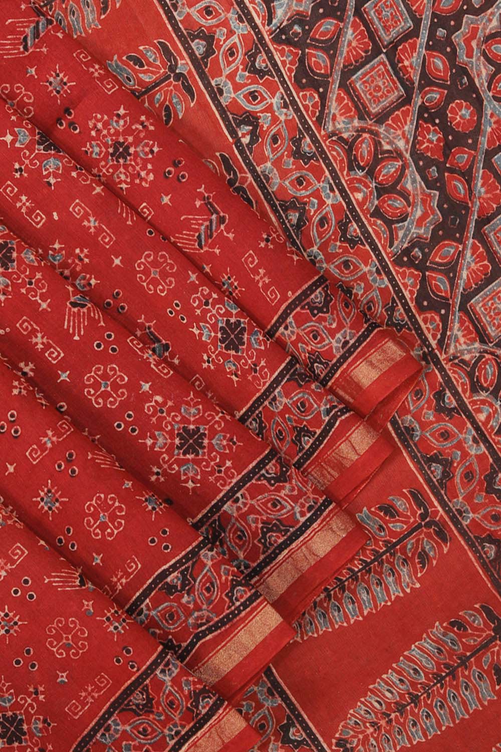 Rust coloured Ajrakh handblockprinted chanderi  saree
