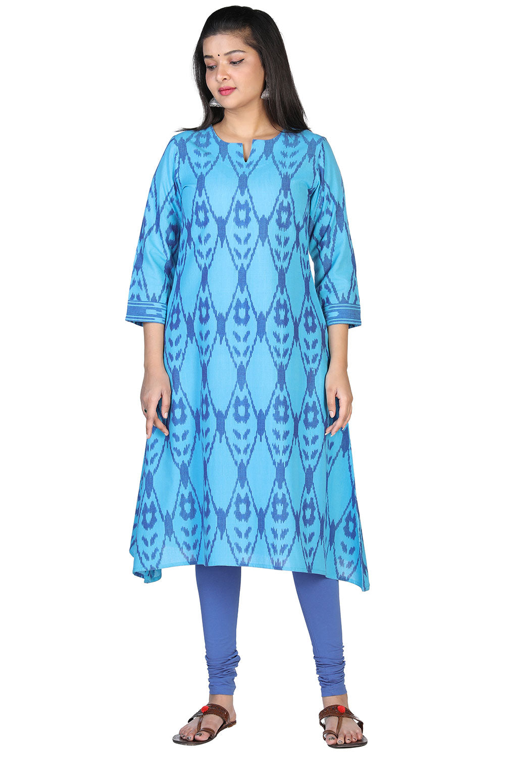 Turquoise blue cotton ikkat kurti