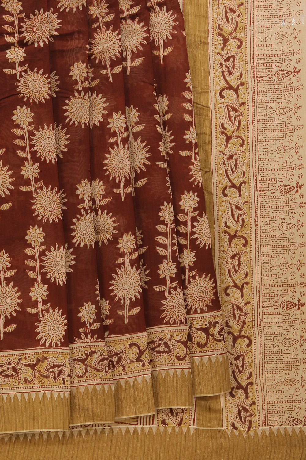 Dark brown Kalamkari handblock printed chanderi saree