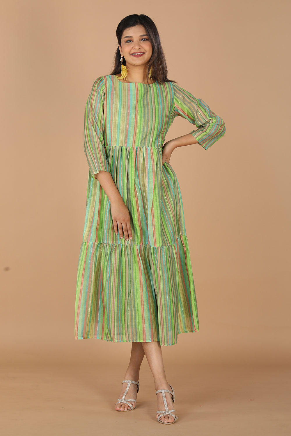 Long striped summer dress in chanderi