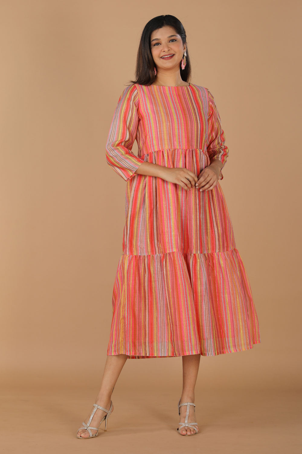 Long striped summer dress in chanderi