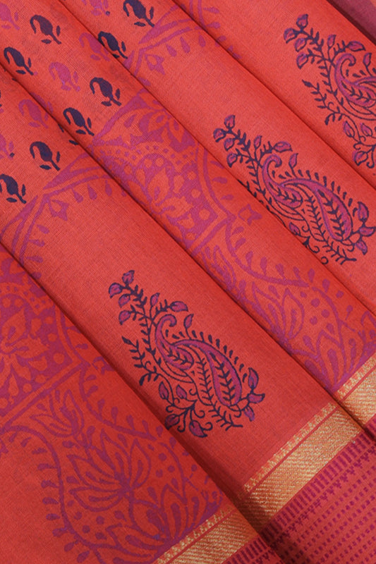 Hand block printed south cotton saree