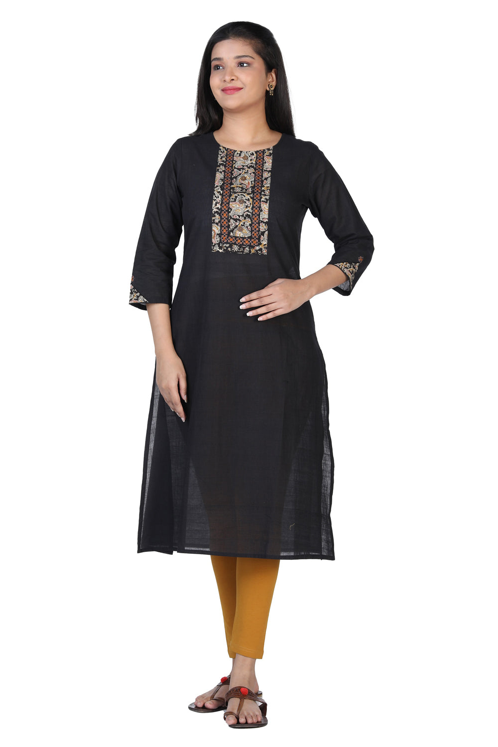 Black mangalgiri cotton kurti with kalamkari print and ethnic thread embroidery.