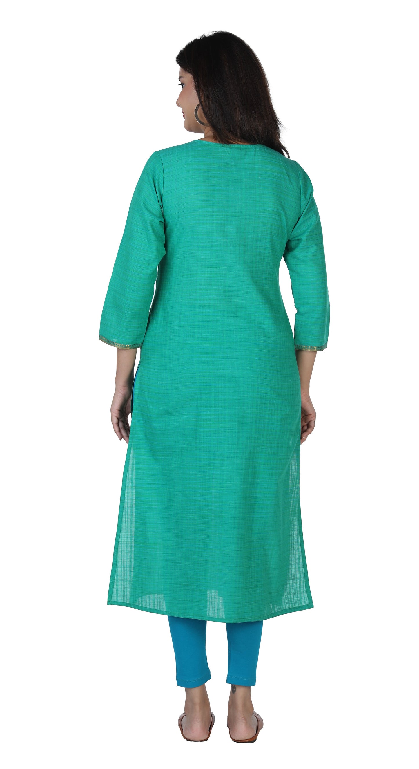 Deep emerald green woven cotton kurti.