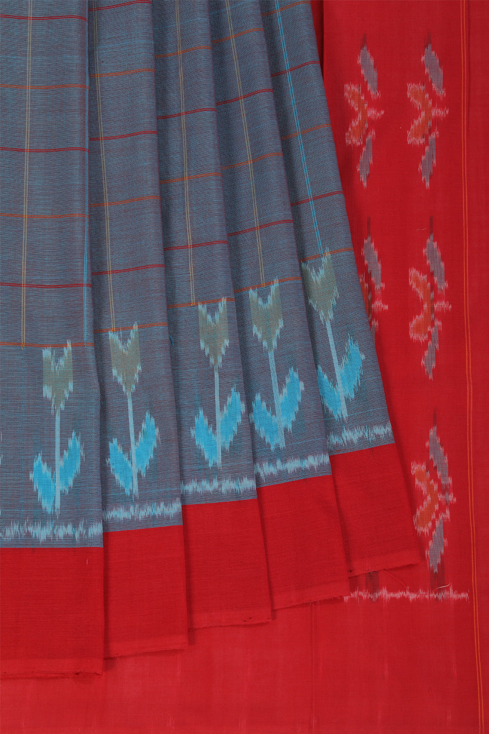 Stone blue checkered pattern Pochampally cotton ikat Saree